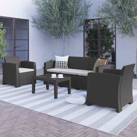 Flash Furniture Outdr Rattan Set, Sofa/2Chairs/Tbl, 4 pcs., Dark Gray Seat, Tan Back, 67.5 W 30 H DAD-SF-113T-DKGY-GG
